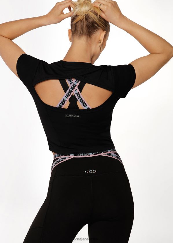 Lorna Jane Aktives kurzärmliges Crop-Top mit Ausschnitten ZR60X204 Bekleidung Schwarz Frauen
