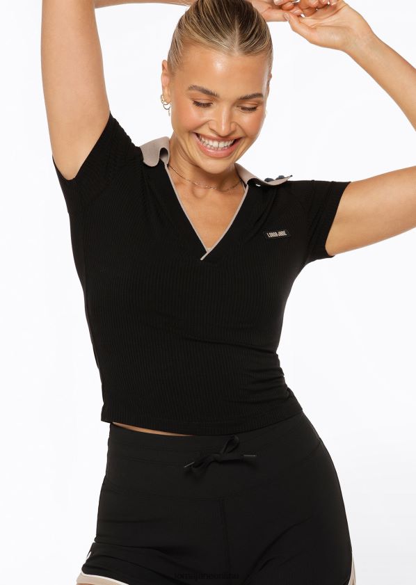 Lorna Jane Kurz geschnittenes Poloshirt am Spielfeldrand ZR60X182 Bekleidung Schwarz Frauen