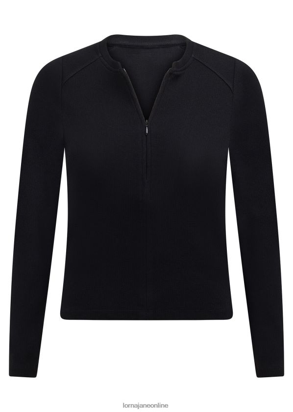 Lorna Jane Raffiniertes langärmliges geripptes Oberteil mit halbem Reißverschluss ZR60X91 Bekleidung Schwarz Frauen